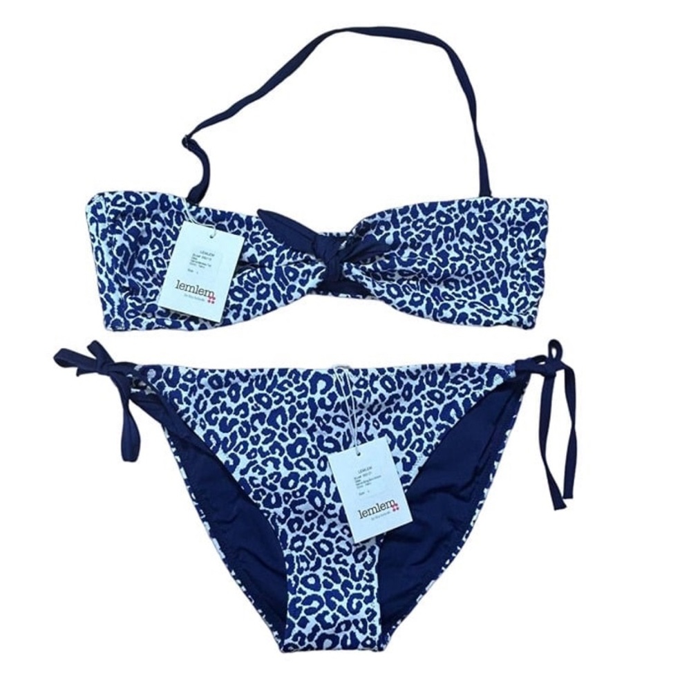 Lemlem Navy Blue Leopard Halima Bandeau Top & String Bikini BottomSize Small NWT